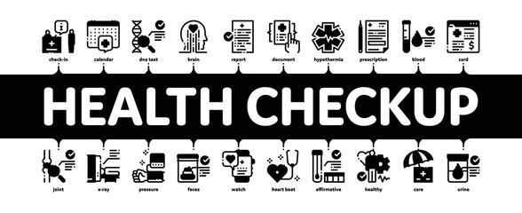 Health Checkup Medical Minimal Infographic Web Banner Vector. Healthcare Checkup List And Calendar Date, Fitness Tracker And Analysis Container Illustration