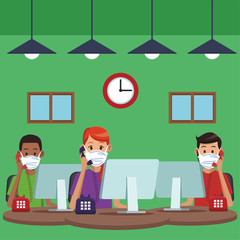 call center support workers wearing medical mask