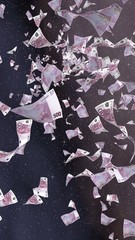 Naklejka premium Flying euro banknotes on a outer space starry background. Money flying in the outer space. 500 EURO in color. Vertical orientation. 3D illustration