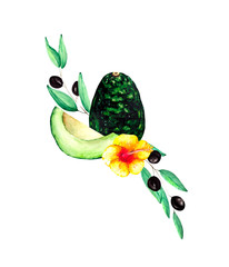 A beautiful composition of ripe whole avocado, its pieces, yellow tropical flower and olive branches. Watercolor illustration on a white background for a design on the theme of food 