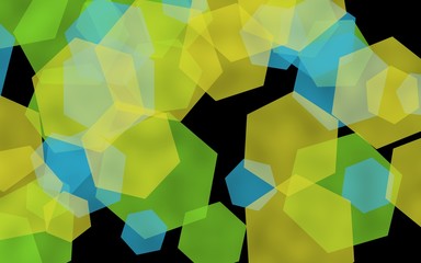 Multicolored translucent hexagons on dark background. Green tones. 3D illustration