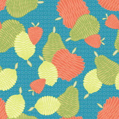 Vector Fruit Apples Pears Strawberries Lemons on Blue Seamless Repeat Pattern. Background for textiles, cards, manufacturing, wallpapers, print, gift wrap and scrapbooking.