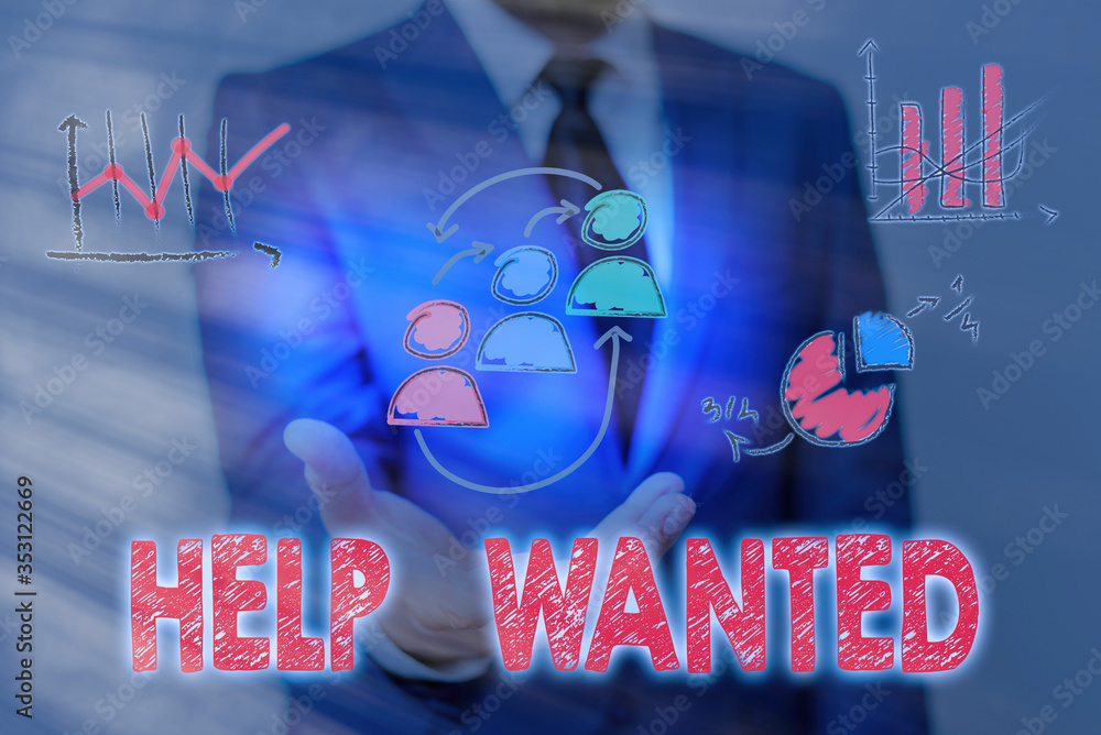 Poster handwriting text help wanted. conceptual photo an ad in the paper an employer places to find a new e