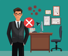 businessman working in office with covid19 particles
