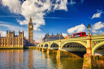 Big Ben and westminster bridge in London at sunny day - obrazy, fototapety, plakaty