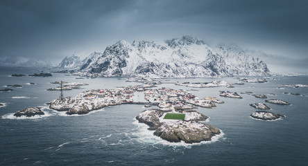 Amazing aerial view at football playfield in distant northern Lofoten archipelago - Henningsvaer, Norway