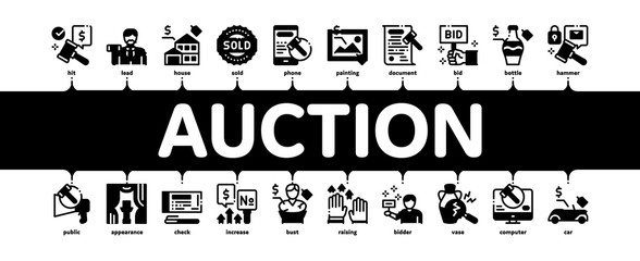 Auction Buying And Selling Goods Minimal Infographic Web Banner Vector. Internet Auction And Application, Hammer And Car, Agreement And Bid, House And Picture Illustration