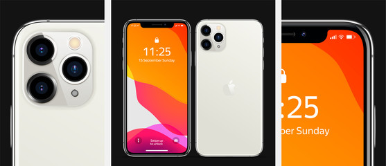 MOSCOW, RUSSIA - MAY 27, 2020: New iPhone 11 pro max Silver color by Apple Inc. Mock-up, screen phone with ios13 and back side. Detailed rendering. Realistic vector illustration EPS10