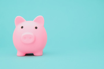Savings concept. Moneybox in shape of pig on blue background space for text.