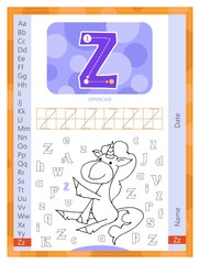 Letter Z and funny cartoon hand drawn unicorn. Alphabet a-z. Coloring page. Printable worksheet. Handwriting practice.	