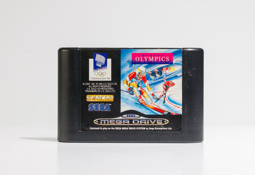london, england, 05/05/2019 winter olympics lillehammer 1994 sega mega drive video game cartridge,Retro and vintage console sport game playing from the 1990s. US Gold software company.