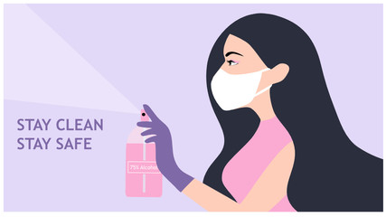 Woman applying 75% alcohol sanitizing spray to protect  COVID-19 coronavirus spread outbreak vector illustration. New normal concept
