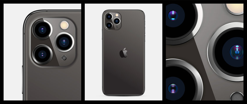 MOSCOW, RUSSIA - MAY 27, 2020: New iPhone 11 pro max Space Gray color by Apple Inc. Mock-up, backside smartphone dual camera zoom. Detailed rendering. Realistic vector illustration EPS 10