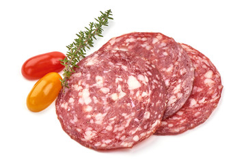 Salami sausage slices, isolated on white background