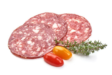 Salami sausage slices, isolated on white background