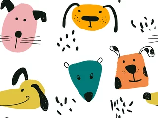 Fototapete Hunde Kindisches nahtloses Muster mit handgezeichneten Hunden. Trendiger skandinavischer Vektorhintergrund. Perfekt für Kinderbekleidung, Stoff, Textil, Kinderzimmerdekoration, Geschenkpapier