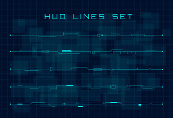 Set of blue HUD futuristic header and footer elements on dark hi tech background. Design elements for banner, flyer, card, music event. Editable stroke. Good for animation. Vector