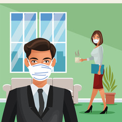 business couple working and wearing medical mask