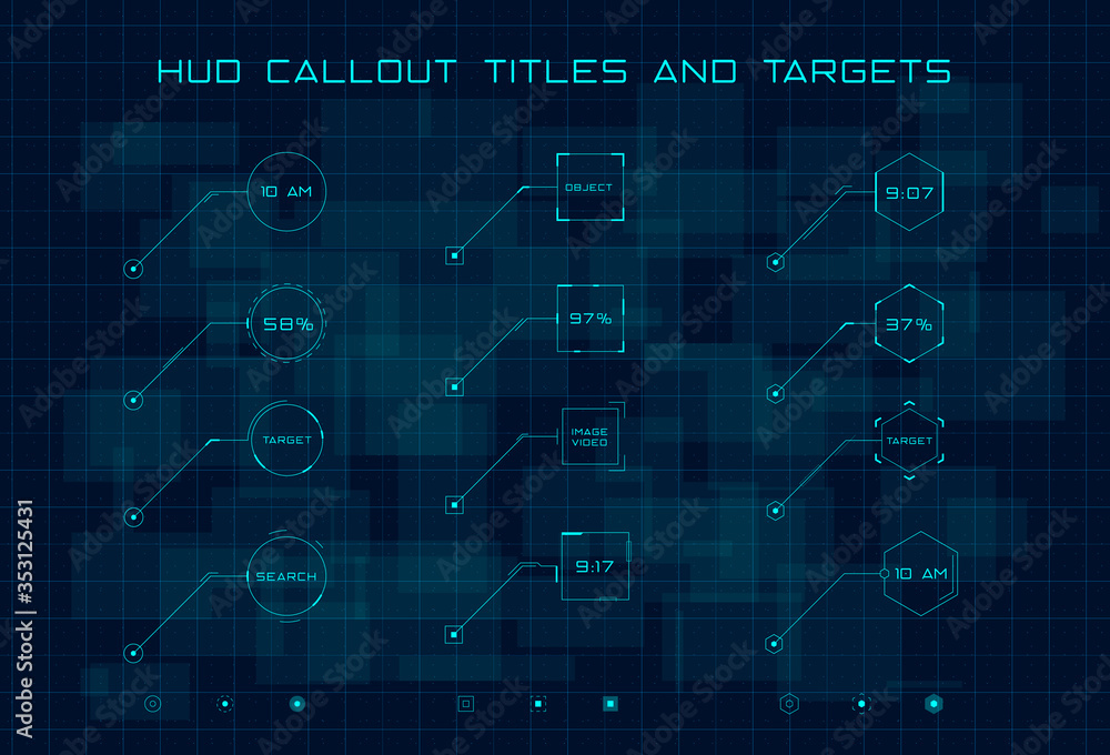 Poster set of blue callout titles and targets in hud style on dark digital hi tech background. hud callout 