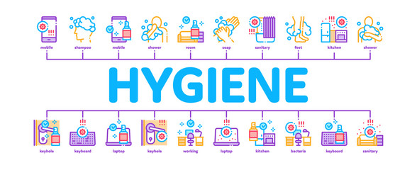 Hygiene And Healthcare Minimal Infographic Web Banner Vector. Cleaning Mobile Phone And Handle Sanitized Antiseptic, Wash Hand, Head And Body Hygiene Illustration