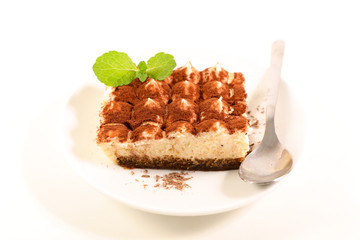 tiramisu cake on white background