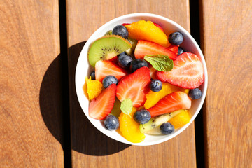 fresh fruit salad in bowl- top view