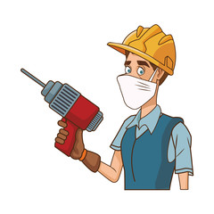 builder using medical mask with drill