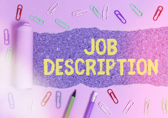 Word writing text Job Description. Business photo showcasing a formal account of an employee s is...