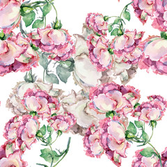 Pink roses painting in watercolor on white background. Seamless pattern for fabric.