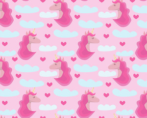 Seamless pattern illustration with pink unicorn, clouds, hearts.