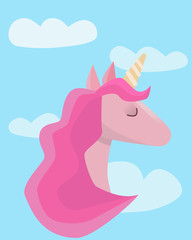 A poster with a pink cute unicorn and clouds. Can be used as a template in social media, room decor, for printing on textiles.