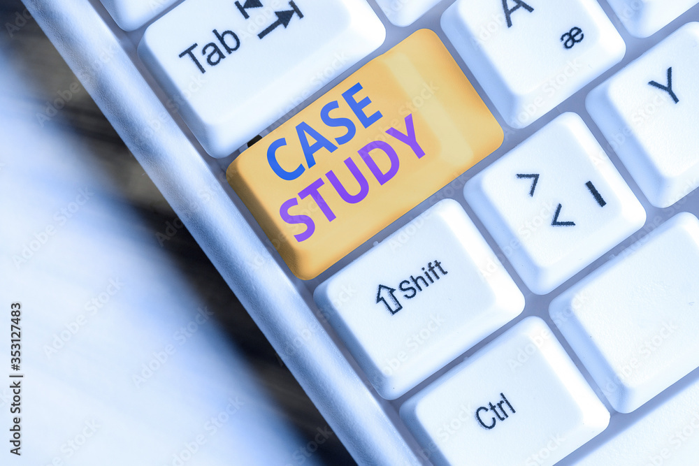Poster word writing text case study. business photo showcasing analysis and a specific research design for 