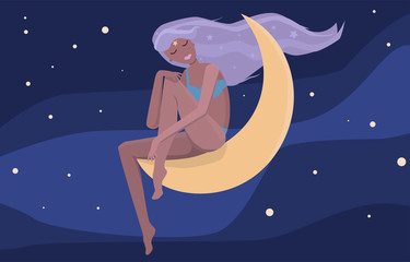 A young girl with long purple hair is sitting on a young moon