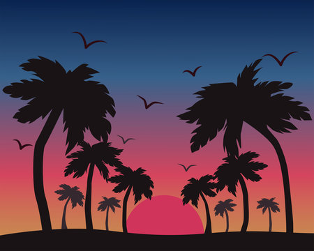 Vector illustration of a landscape with silhouettes of palm trees at sunset. California sunset.