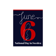 Calendar sheet, vector illustration on the theme of National Day in Sweden. June 6. Decorated with a handwritten inscription – JUNE and linear Sweden map.