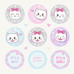 Lovely Baby Shower Round Shape Tag Set. Cute Kittens Stickers. Funny baby cat with bow, tiny hearts and stars. It's a Boy. It's a Girl. Infantile Childish Design. Pastel colors.