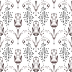 Contour flowers and leaves in vintage style