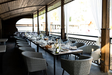 Birthday banguet served wooden table outdoor restaurant
