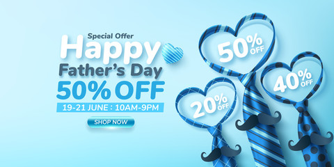 Father's Day Sale poster or banner template with heart shape by necktie on blue background.Greetings and presents for Father's Day.Promotion and shopping template for love dad
