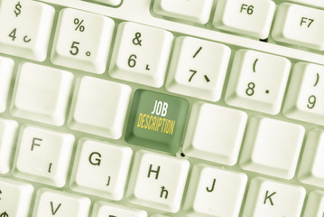 Conceptual hand writing showing Job Description. Concept meaning a formal account of an employee s...