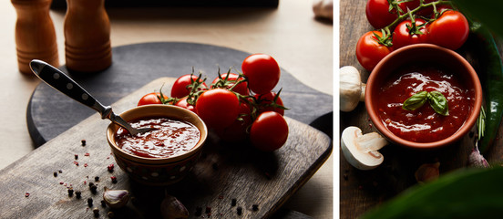 collage of delicious tomato sauce in bowl with spoon near tomatoes and spices on wooden board