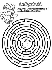Labyrinth with pirate. Black and white circle maze stock vector illustration. Cartoon smile pirat and bomb. Funny printable children game for home pastime. Entrance and exit challenge for children.