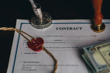 Notary's public pen and stamp on testament and last will. Notary public tools.