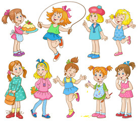 Group of little girls in different poses and with different objects . In cartoon style. Isolated on white background. Vector illustration.