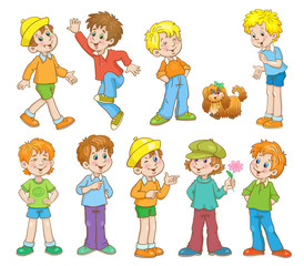 Fototapeta premium Set of little funny boys in different poses. In cartoon style. Isolated on white background. Vector illustration.