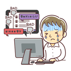 ネットのアンチに傷つき涙を流す男性のイラスト（ひぼう中傷・ヘイト）