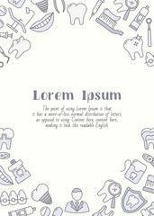 Dentist - vertical card with text and vector color illustrations of medicine, tooth, toothbrush, toothpaste, caries and floss for graphic design