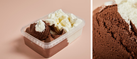 collage of tasty brown and white ice cream in plastic container on pink background