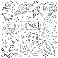 Set with spaceships, planets, and stars. Space-Doodle style. Vector isolated illustration with spaceships, rockets, Mars, Earth, stars on a white background. Isolated elements for scientific posters.
