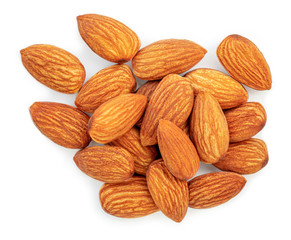 Almond nuts Isolated on white background. Heap of  dried Almonds  Top view. Food Creative layout